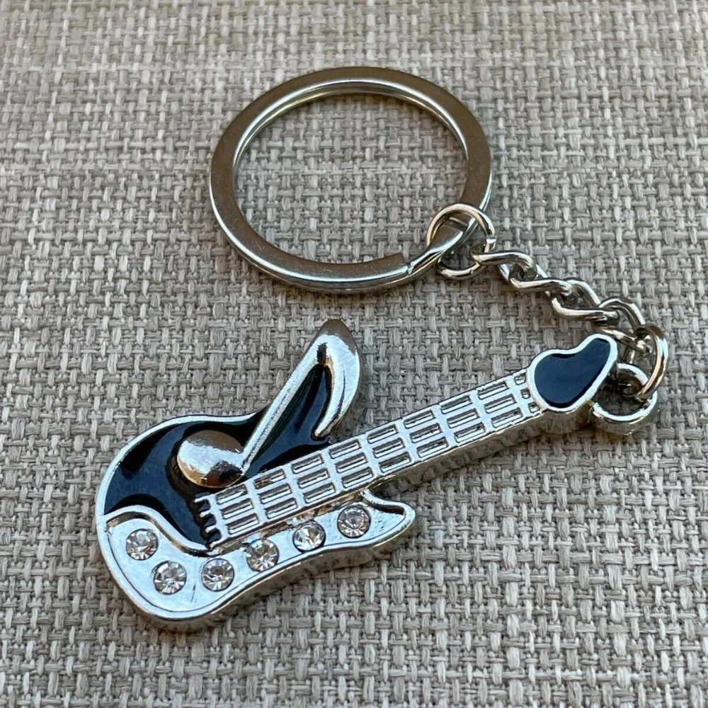 Guitar Key chain Silver/Black Tone Fashion Jewelry Keys Holder Crystals accent